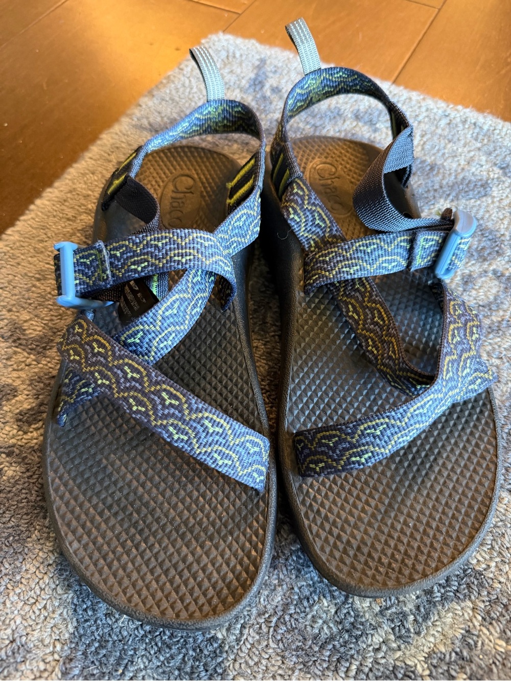 Chaco Kids Strappy Sandals in Blue and Yellow Pattern